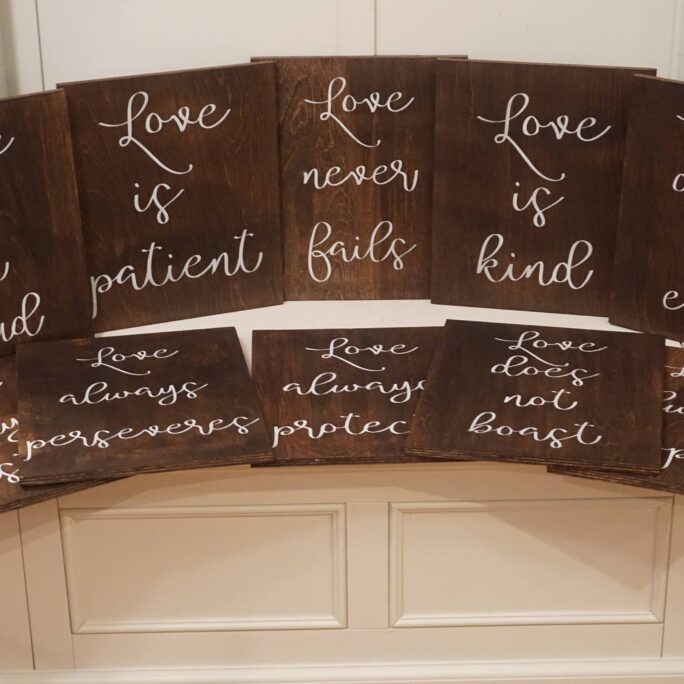 1 Corinthians 13 Wedding Aisle Signs. Love Is Patient Is Kind Rustic Decor. Wood Markers