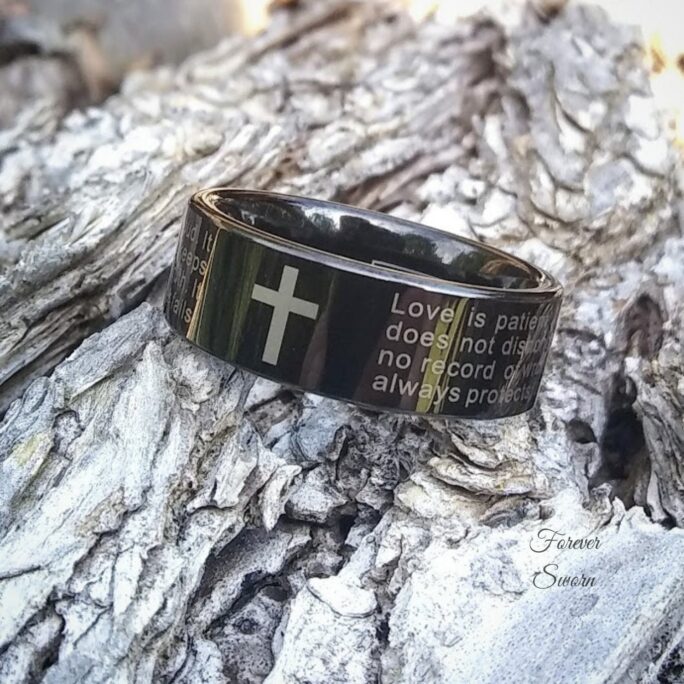 Christian Cross Tungsten Ring | Men's Women's Black Wedding 6mm 8mm Bible Verse 1st Corinthians 134 Personalized Engraving