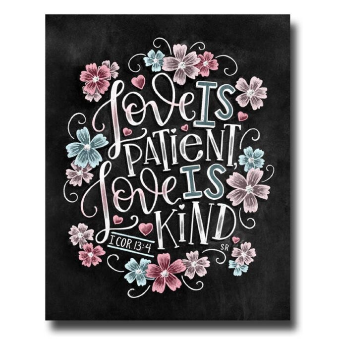 1 Corinthians 13, Love Is Patient, Kind, Bible Verse Print, Scripture Art, Chalkboard Chalk Wall Floral
