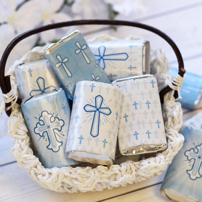 Blue Cross Baptism Mini Candy Bar Wrappers - 45 Stickers, For Hershey Miniatures, Favors, Faith Hope Love Religious Party