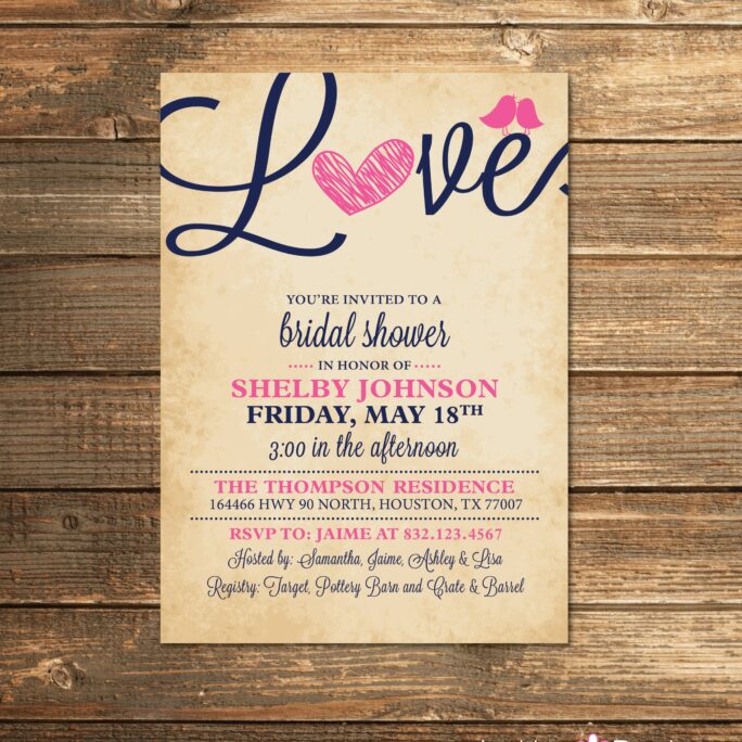 Bridal Shower Invitation, Love, Birds, Heart, Navy Blue, Pink, Rustic, Printable Invitations