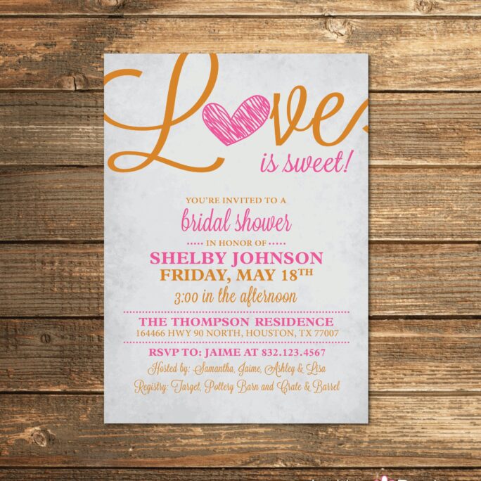 Bridal Shower Invitation, Wedding Shower, Love, Heart, Orange, Pink, Rustic, Sweet, Candy, Digital, Invite, Printable Invitation