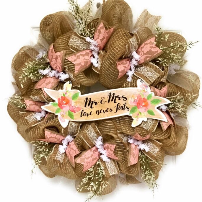 Bridal Wreath Mrs & Love Never Fails Deco Mesh Cherish Collection