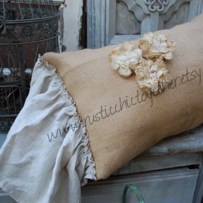 Burlap Pillow Linen Ruffles -Handmade Rosette 12x20