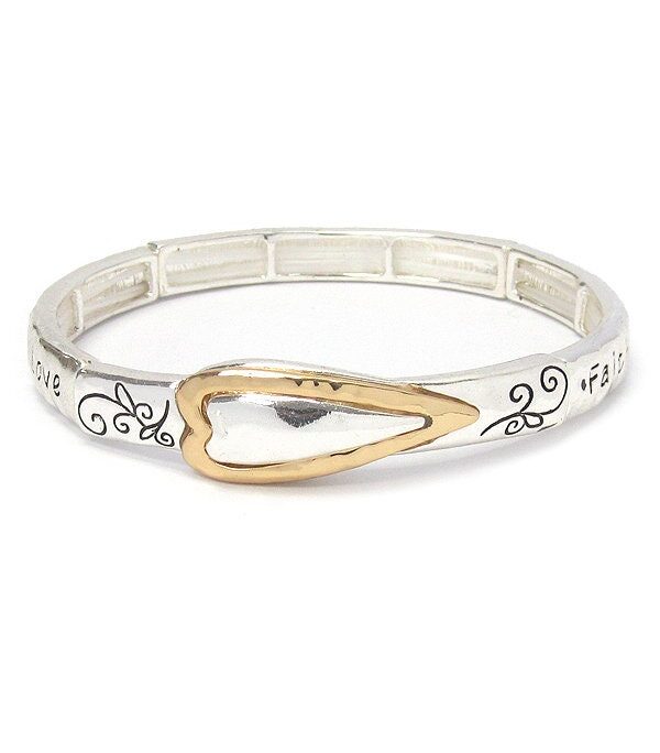 Faith, Hope, Love Bracelet, Stretch, Silver With Silver & Gold Heart