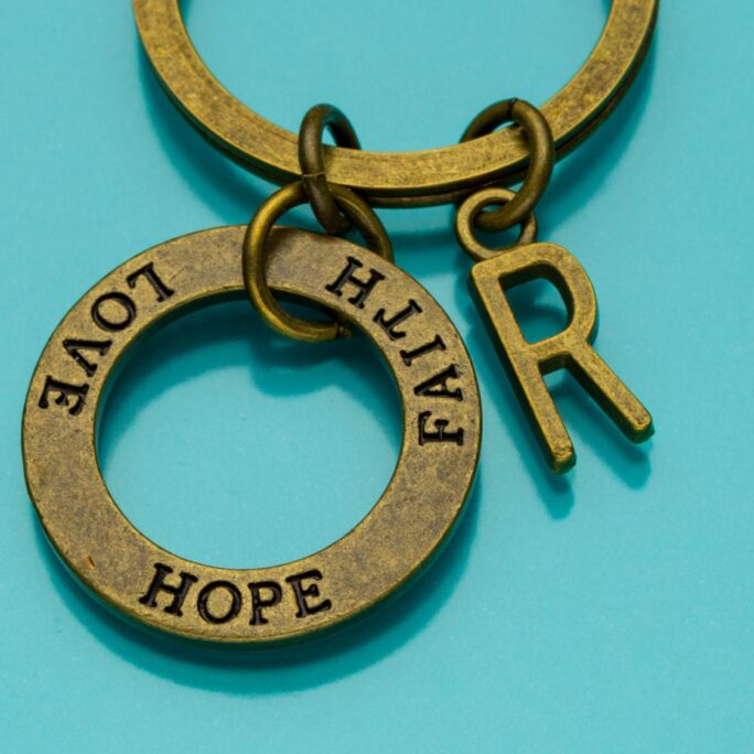 Faith Hope Love Keychain, Bronze Key Ring, Inspirational Charm, Personalized Custom, Charm 849