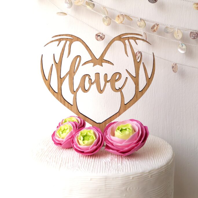 Love Cake Topper, Wedding Antlers Heart Rustic Wooden Decor