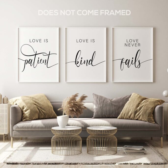 Love Is Patient Kind Never Fails, Set Of 3 Poster Prints, Minimalist Art, Home Wall Decor, Multiple Sizes