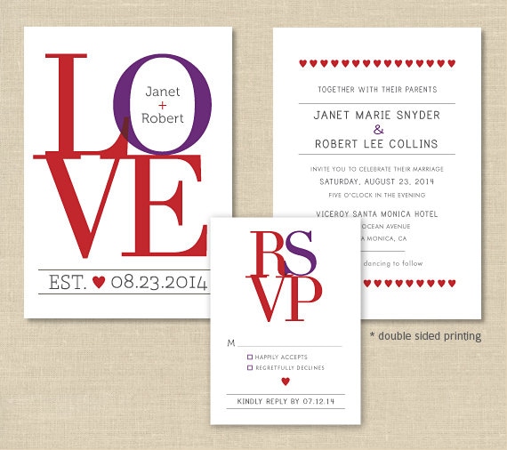 Love Wedding Invitation Set, Double Sided, Modern Wedding Invitation, Custom Colors, Sample