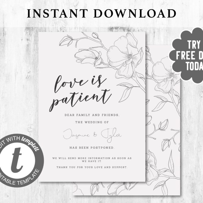 Printable Love Is Patient Wedding Update, Instant Download Ivory Floral Postponement Template, Editable Modern Digital Card