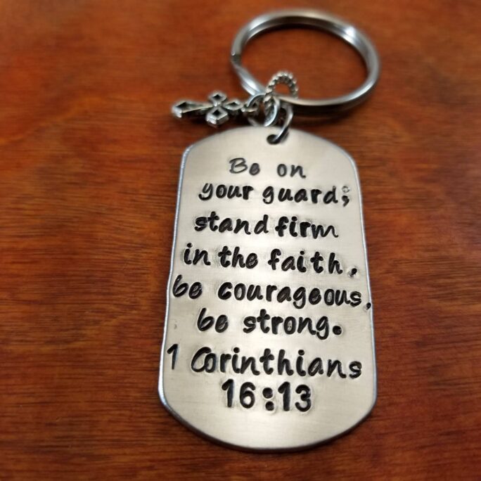 1 Corinthians 1613 Christian Necklace, Religious Baptism Gift, Hand Stamped Aluminum Dog Tag Bible Verse Military Deployment Gift
