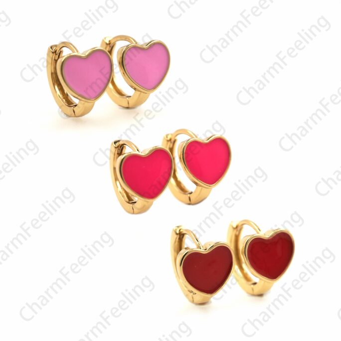 18K Gold Filled Heart Earrings, Love Charm, Enamel 14x11mm 1 Pair
