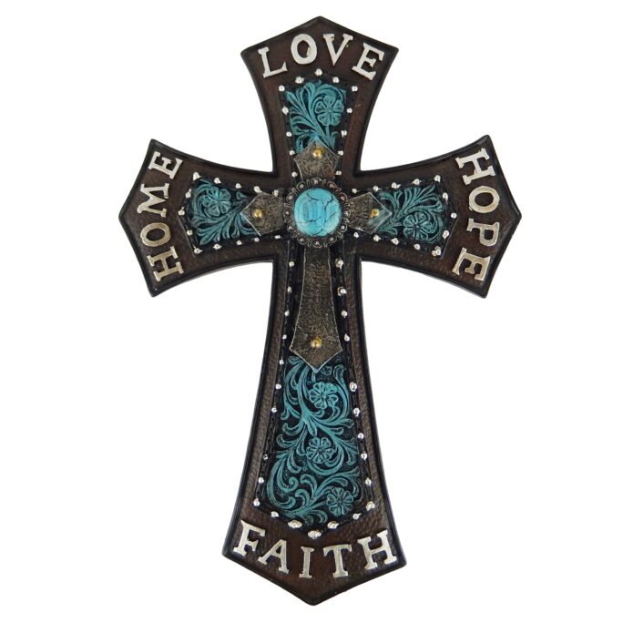 Faith Hope Love Home Wall Cross Inspirational Layered Flowery Turquoise 11 1/2"