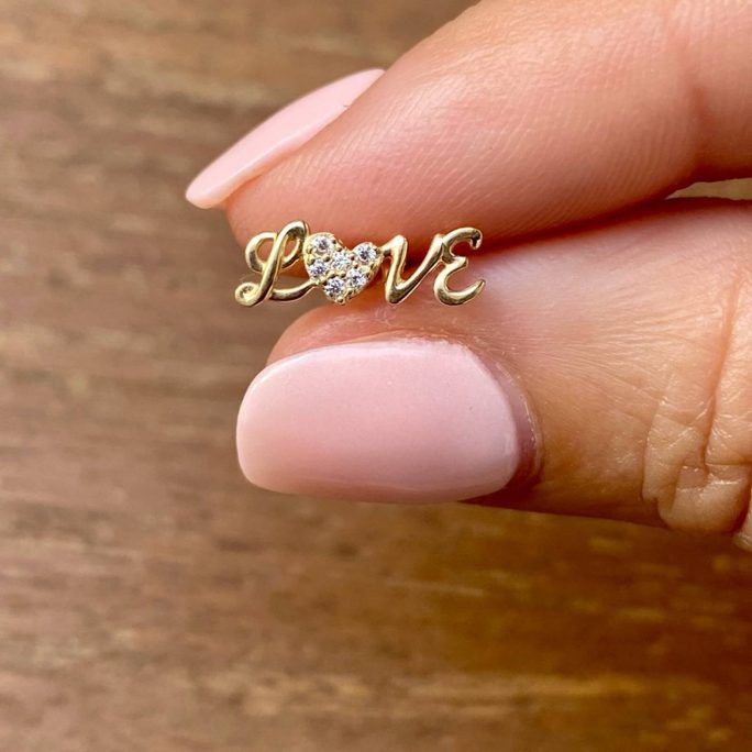 14K Gold Love Cz Earrings Studs Yellow Crawler Word Earrings Girlfriend Gift