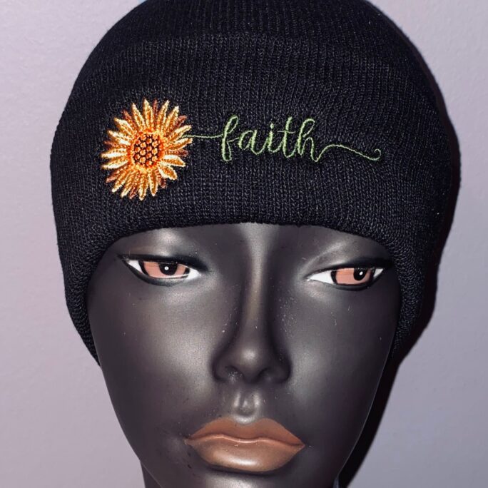 Faith Spiritual Hat | Knit Beanie Unisex Black Knit With Sunflower Embroidered Gift For Her