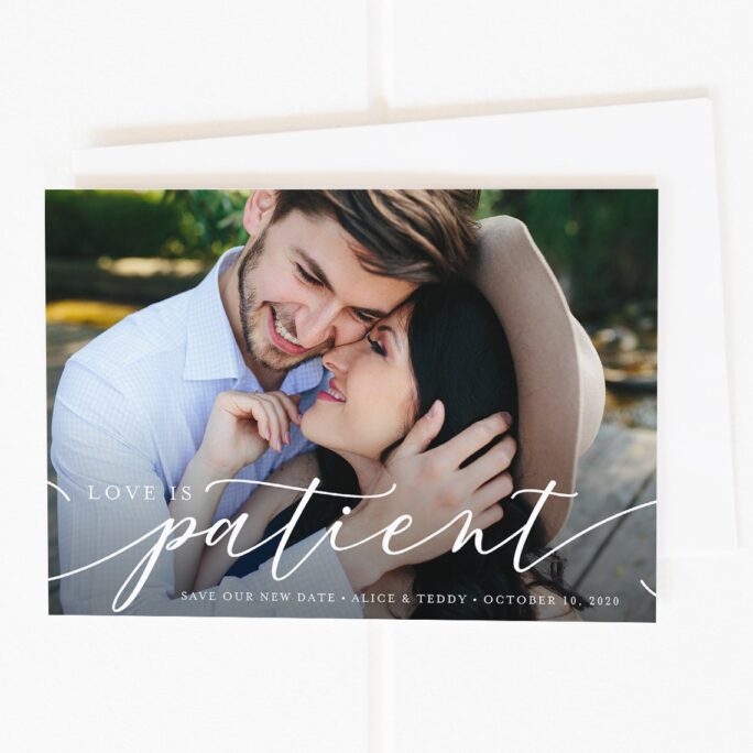Love Is Patient, Change The Date Cards, Save New Date, Unsave Photo Card, Wedding Postponement, Printable
