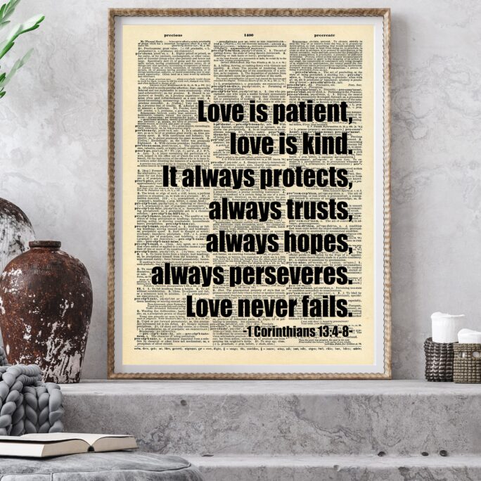 1 Corinthians 134-8 Vintage Bible Verse Love Is Patient Kind Wall Art Print Quote Poster Home Decoration Handmade Dictionary Gift