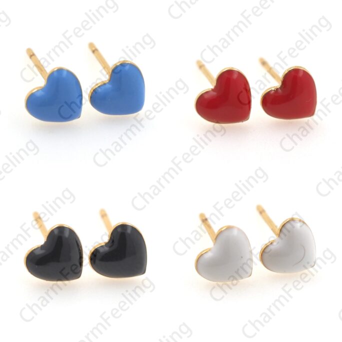 18K Gold Filled Heart Earrings, Love Charm, Enamel 1 Pair