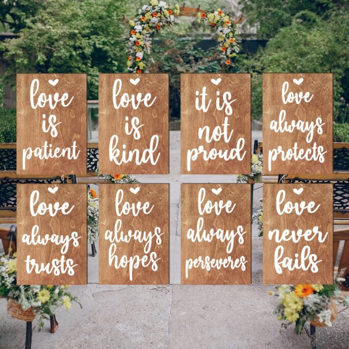 8 Wooden Aisle Signs, 1 Corinthians 13 Ceremony Boards, Wedding Garden Decor, Love Is Patient Kind