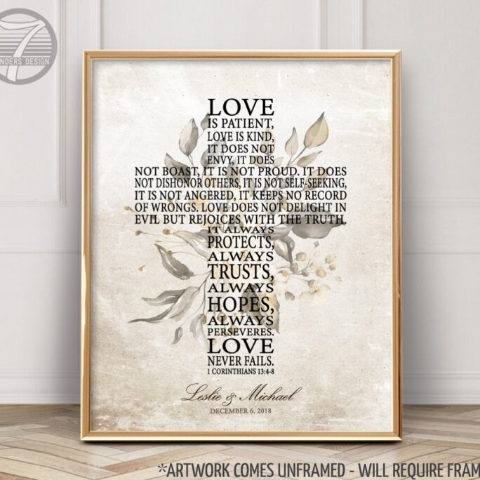 Love Is Patient Wedding Art, Or Anniversary Personalized Gift, Bridal Shower, Corinthians Scripture Cross, Unframed Print Or Canvas