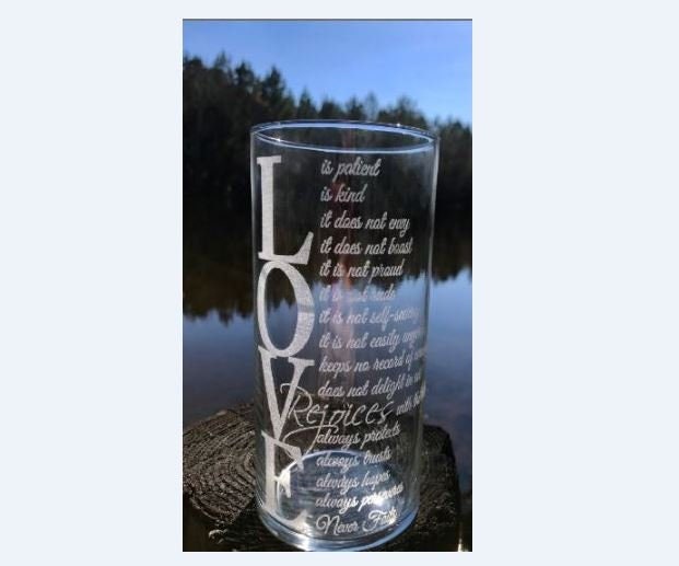Personalized, Engraved, Vase, Candle Holder, Custom Corinthians 134 Glass Vase, Wedding Vase, Anniversary, Quote On Vase, Love, Valentines