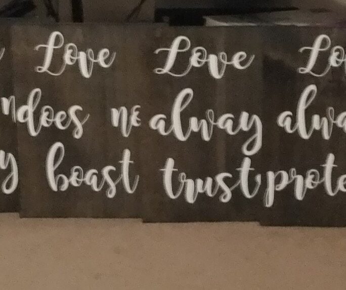 1 Corinthians Wood Wedding Aisle Signs, Set Of 8-Love Is Patient, Love Kind, Never Fails-Set 9x12-Black Stained