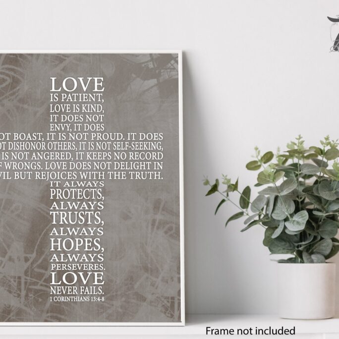 Love Is Patient Cross Typography Christian Neutral Home Decor Bible Verse Wall Art 1 Corinthians 134-8 Scripture - Unframed Print Or Canvas
