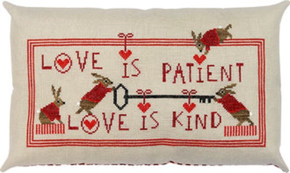 Artful Offerings "Love Is Patient ~ Love Kind" Counted Cross Stitch Pattern, Bunnies, Red Hearts, Valentines Day, Pattern Only