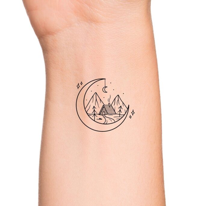 Celestial Moon Stars Mountain & Cabin in The Woods Temporary Tattoo/Cute Crescent Love Nature Small Wrist