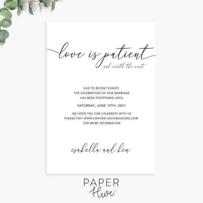 Change The Date, Love Is Patient, Save New Wedding Postponement Announcements, Printable Or Printed Cards