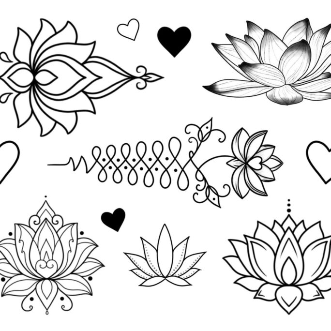 Lotus Love Floral Hearts Set Of 6 Temporary Tattoo Multipack/Flower Unalome Wildflower Rebirth Sheet
