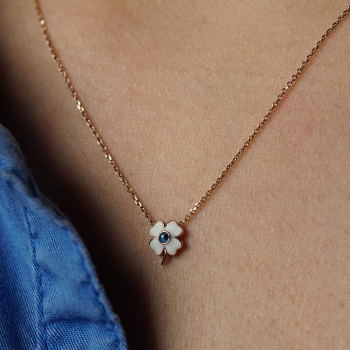 14K Solid Gold Enamel Clover Necklace, Dainty Four Leaf Pendant, Good Luck Charm, Real Minimalist Gift For Best Friend