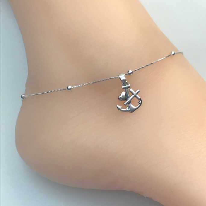 Anchor Cross Anklet, Faith Hope Love Charm, Sterling Silver Beaded Ankle Bracelet, Heart Charm Anklet
