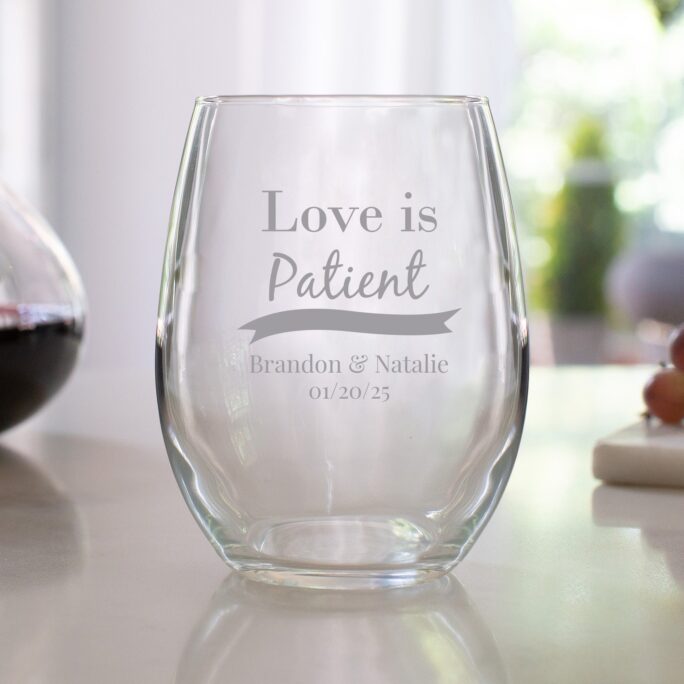 Etched 9 Oz Stemless Wine Glasses - Wedding Favor Gift Engraved Love Is Patient