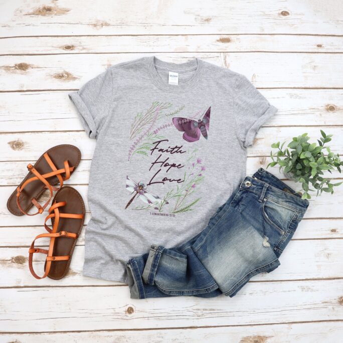 Faith Hope Love, Shirts, Womens Christian T-Shirt, Butterfly Shirt, Dragonfly Tee, Gift For Her