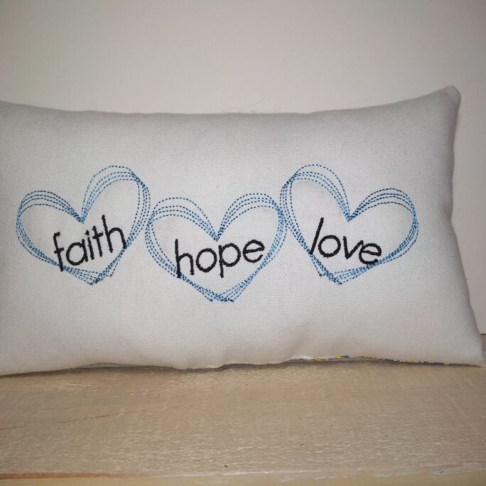Faith Hope Love Small Pillow Christian Farmhouse Style- Approximately 9" X 5.5" - Machine Embroidered Free Shipping