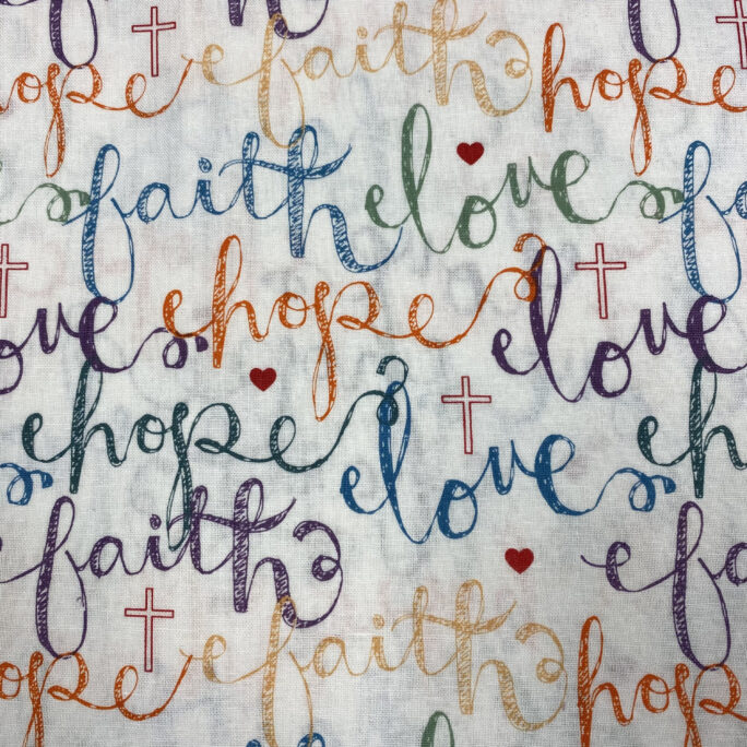 Faith, Hope, Love & Crosses Christian Fabric. 100% Cotton