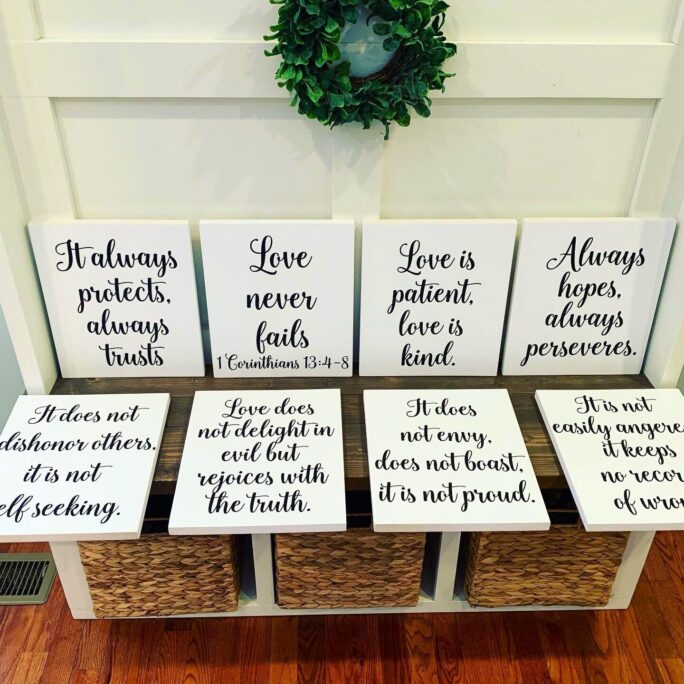 Wedding Aisle Decor. Love Is Patient Is Kind. Decorations. 1 Corinthians 13 Aisle Signs. White