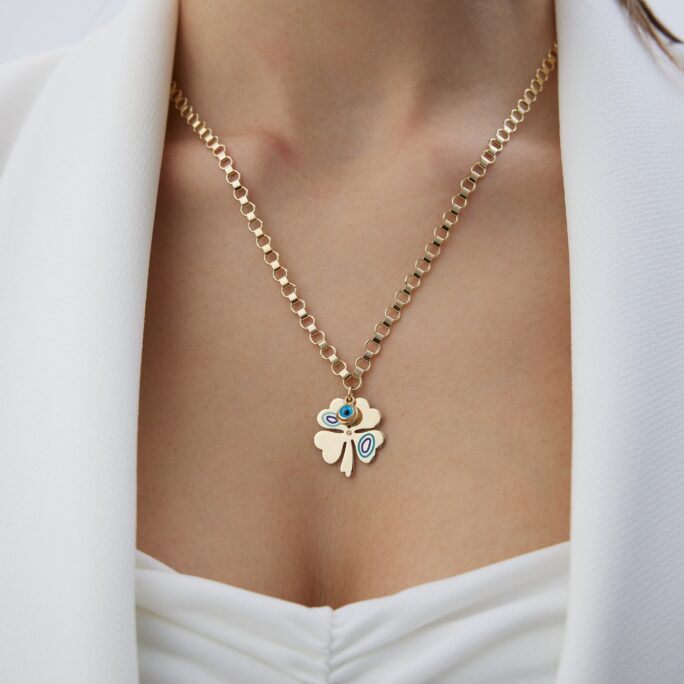 14K Solid Gold Turquoise White Enamel Clover Necklace, Dainty Four Leaf Pendant, Real Double Faced Charm, Gift For Best Friend