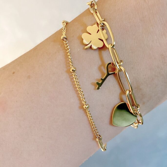 Clover Bracelet - Gold Four-Leaf Clover Peperclip Chain With Ball Curb Chain, Double Layered, Gift For Her