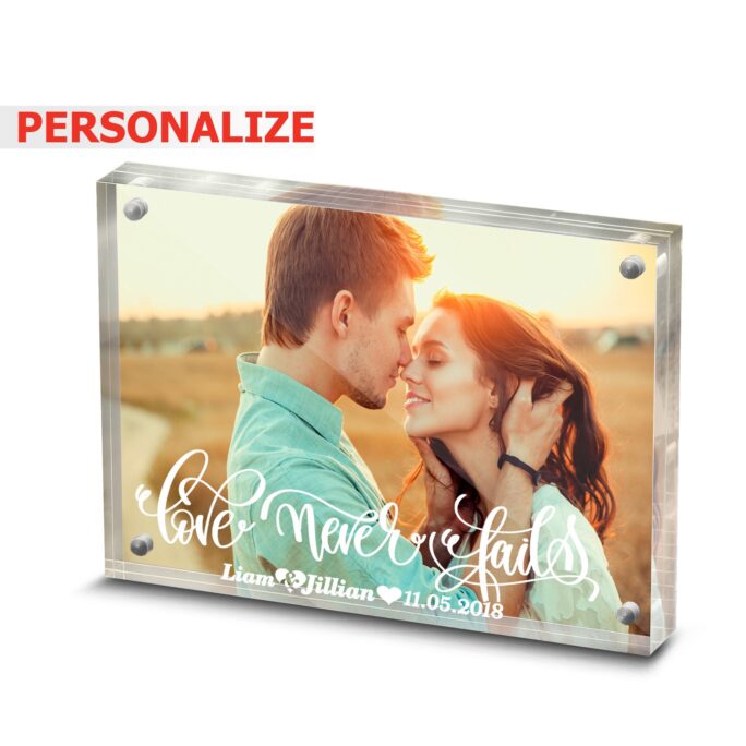 Personalize-Love Never Fails-1 Corinthians 134.7-8-Couple Gift-Wedding, Anniversary Gift - Engraved Clear Magnetic Acrylic Picture Frame