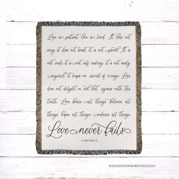 1 Corinthians 13 Love Never Fails - Woven Cotton Throw Blanket With Fringe Scripture Wedding Gift Anniversary Is Patient