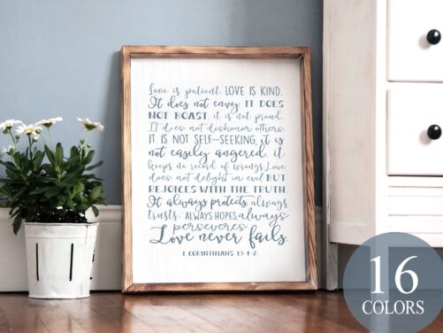 1 Corinthians 134-8, Inspirational Saying, Scripture Gift, Farmhouse Encouraging Love Is Sign, Religious