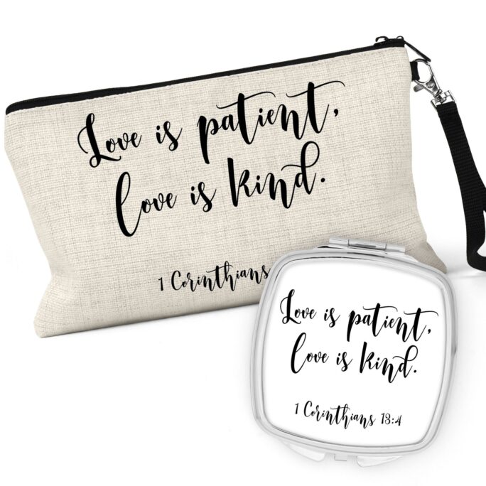 1 Corinthians 134 Cosmetic Bag, Christian Love Is Patient Makeup Case, Compact Mirror, Wedding Bridal Party Favors C-Scr020