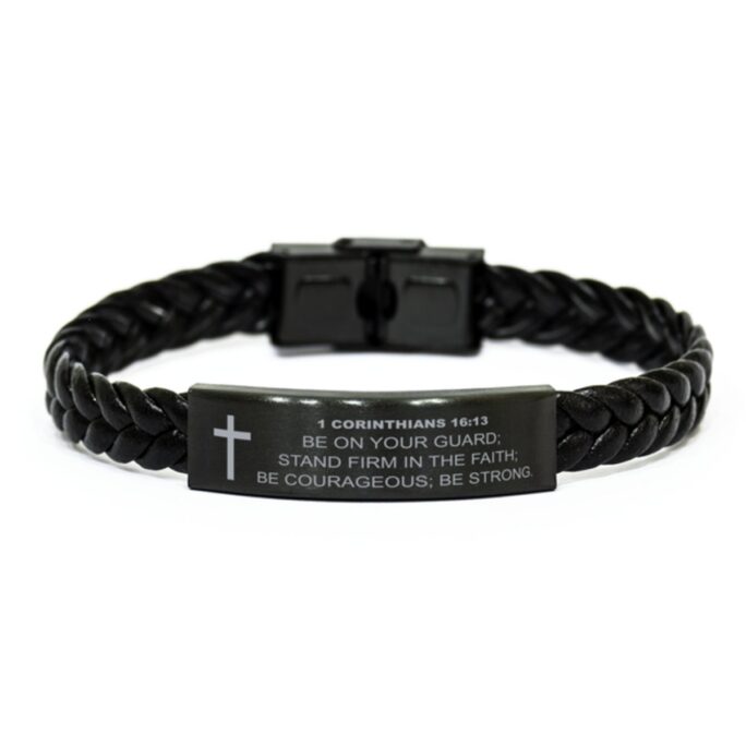 1 Corinthians 1613 Bracelet, Be On Your Guard, Bible Verse Christian Braided Leather Dad Gift