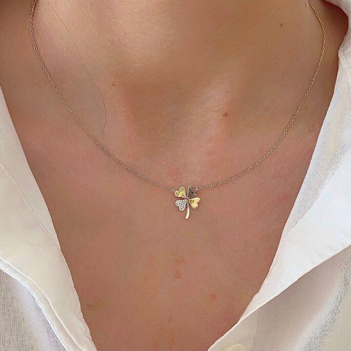 14K Gold Diamond Clover Leaf Necklace| Four in 14K Solid Gold| Dainty Luck Charm Good Luck| Shamrock Gift