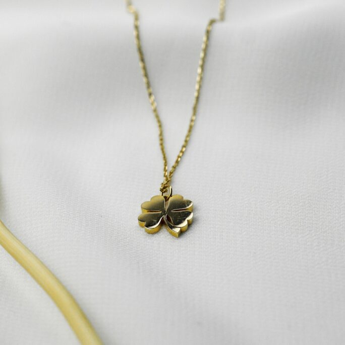 14K Solid Gold Clover Necklace, Dainty Four Leaf Pendant, Yellow Good Luck Charm, Real Minimalist Cute Gift For Her