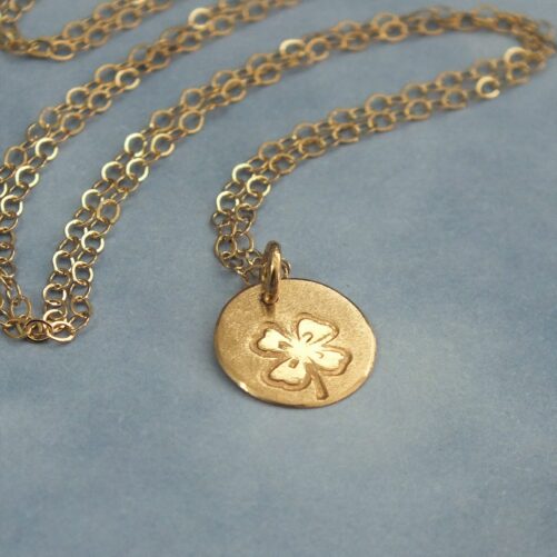14K Solid Gold Four Leaf Clover Charm Necklace, Hand Stamped 9mm Disc, 4 Lucky Irish, Customizable
