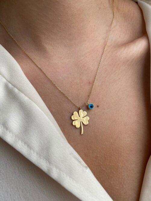 14K Solid Gold Four Leaf Clover Necklace With Evil Eye, 4 Pendant, Good Luck Charm, 14K Heart Pendant