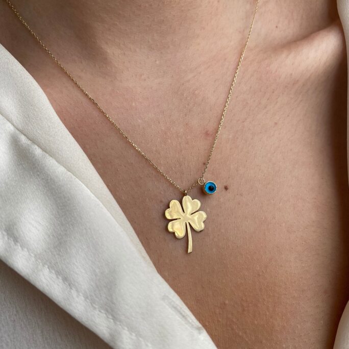 14K Solid Gold Four Leaf Clover Necklace With Evil Eye, 4 Pendant, Good Luck Charm, 14K Heart Pendant